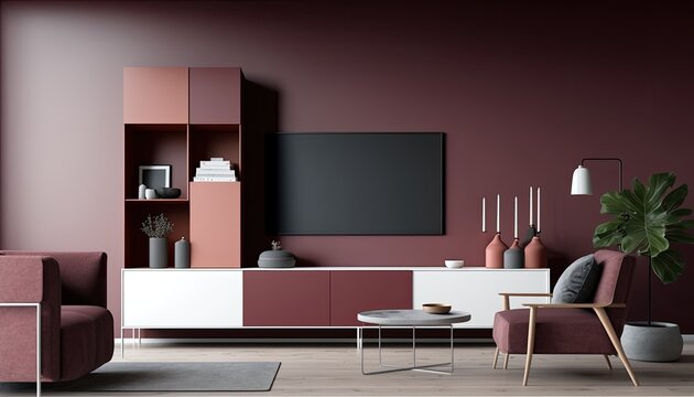 a purple, wine-colored Scandinavian, boho-themed living room interior background, Wall Art Mockup, Japandi, 3D rendered, contemporary, Japandi-themed, modern interior mockup. Generative AI