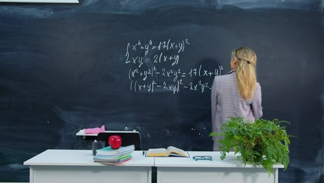 Teacher is happy about beginning or end of school year, vacations. Joyful student found solution to math problem, received highest mark at university. Beautiful girl dancing near blackboard