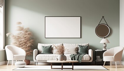a green Scandinavian, boho-themed living room interior background with a horizontal white frame mockup, 3D rendered, contemporary-themed, modern interior mockup. Generative AI