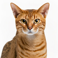 Adorable cheetoh cat portrait looking at camera on white isolated background as concept of domestic pet in ravishing hyper realistic detail by Generative AI.