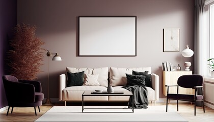 a horizontal mockup frame in a dark boho, Scandinavian-themed living room interior background, 3D rendered, contemporary-themed, earth pastel colors. Generative AI