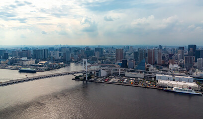 Aerial view of the Rainbow Bridge in Odaiba, Tokyo, Japan