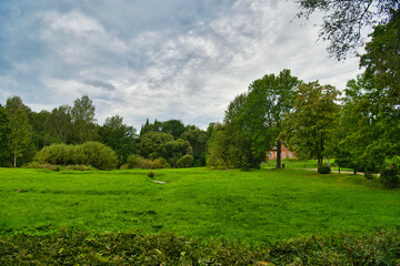 Fototapeta na wymiar Green meadow and trees in Park Mon Repos, Vyborg, Russia