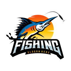Marlin fish logo isoleted in white background .Sword fish fishing emblem for sport club, Fishing Tournament, Fishing logo design template illustration.