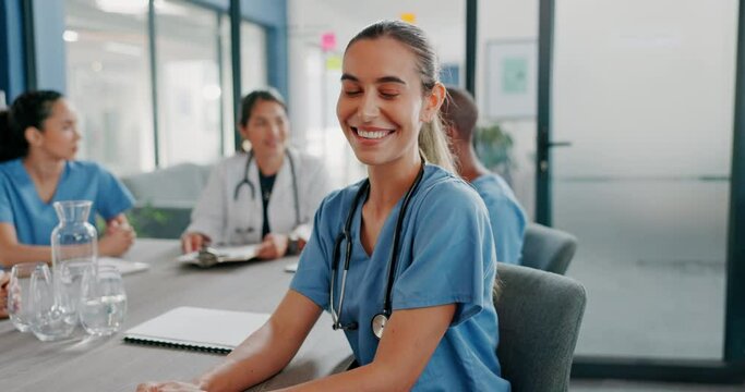 Woman, face or nurse in hospital meeting for medical student, life insurance medicine or treatment training. Smile, happy or healthcare worker portrait in teamwork, collaboration or clinic planning