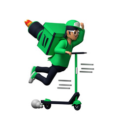 3d delivery services, The courier in green uniform with green bag to deliver the order on a scooter