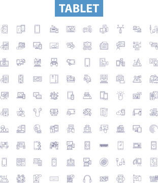 Tablet line icons, signs set. Tablet, iPad, Android, Samsung, Fire, Windows, Kindle, Computer, Slate outline vector illustrations.