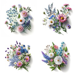 Flower Bouquet Bluebell, Chrysanthemum, Alpine Forget Me Not White Background, Bouquet of Beautiful Flowers on Top View Created With Generative Ai Technology
