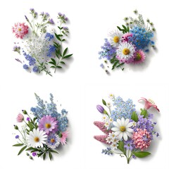 Flower Bouquet Bluebell, Chrysanthemum, Alpine Forget Me Not White Background, Summer and Spring Flowers Created With Generative Ai Technology