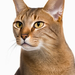 Adorable cat portrait looking at camera on white isolated background as concept of domestic pet in ravishing hyper realistic detail by Generative AI.