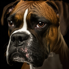 Closeup portrait boxer dog with realistic and ravishing detail on studio black isolated background with curiosity and innocent look as concept of happy domestic pet by Generative AI.