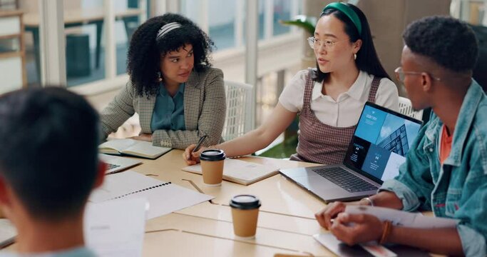 Laptop, presentation and meeting with a woman team leader training or coaching her business team in the office. Data, marketing and workshop with a female manager and employee group in a seminar