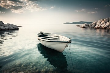 Fototapeta na wymiar Sea landscape with white boat. Generative AI