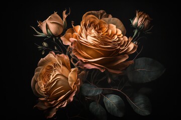 Orange roses on a black background. Generative AI