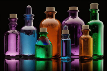 Obraz na płótnie Canvas Medical bottles with diverse colors, simple background ,daily medicine, pills in color