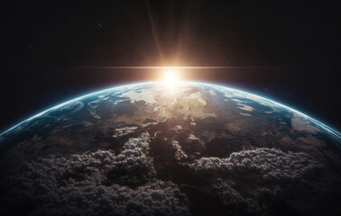 Fototapeta na wymiar Nightly Earth planet in outer space with sun flare. Generative AI