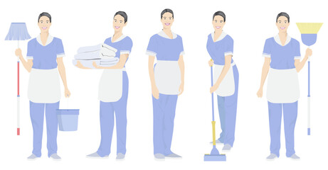 Cleaning service set. maids with equipment vector illustration.