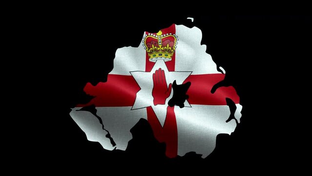 4K waving national flag of Northern Ireland on the map. With alpha channel seamless Northern Irish flag on territory. Outline geographic country border of Northern Ireland stock video.