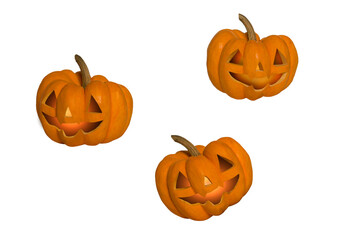 Close-up view of yellow pumpkin carved as halloween devil face on transparent background png file.