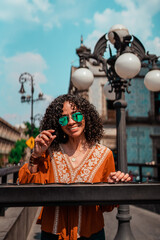 mature happy woman traveling alone 