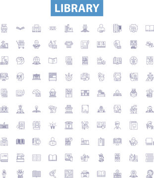 Library line icons, signs set. Library, Books, Reference, Sections, Knowledge, Catalog, Resources, Reading, Shelves outline vector illustrations.