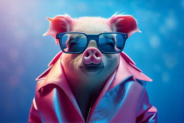 A cute pig with a sunglasses on blue background. Generative AI, Generative, AI