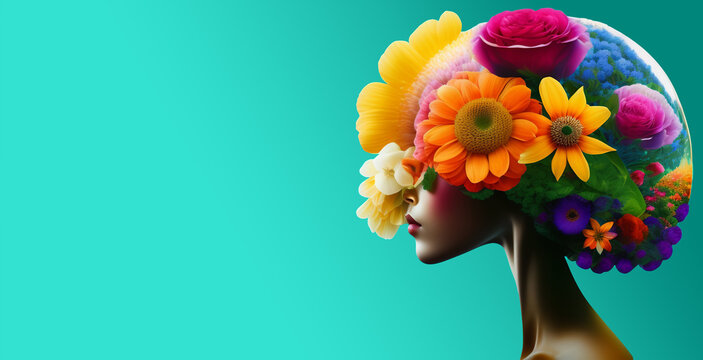 ILUSTRACI&Oacute;N ABSTRACTA DE FLORES COLORIDAS CRECIENDO Y BROTANDO DE LA CABEZA DE MUJER, FONDO TRANSPARENTE Y BANNER DE COLOR TURQUESA, CONCEPTO DE CREATIVIDAD Y ARTE. GENERADA CON IA   