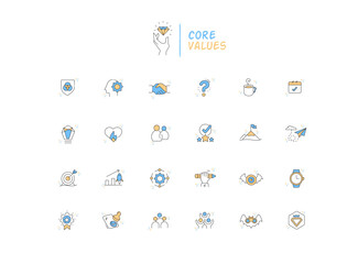 Core values icon set. The modern symbol of company core values, vector line icons with editable strokes.
