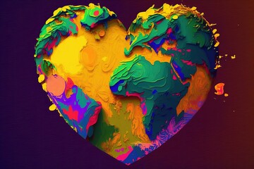 The Earth in the shape of a heart, filled with intense colors that reflect the magnificence of biodiversity and as a representation of unity in the fight against global warming, Generative AI