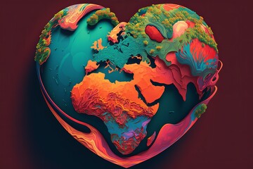 The terrestrial sphere in the shape of a heart, filled with bright shades that show the beauty of biodiversity and as an emblem of unity in the fight against global warming, Generative AI