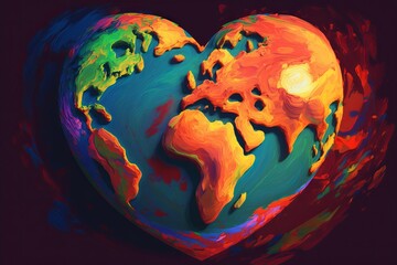 The world in the shape of a heart, filled with radiant tones that manifest the beauty of biological diversity and as an emblem of cohesion in the fight against climate change, Generative AI