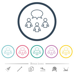 Three talking persons with oval bubble outline flat color icons in round outlines