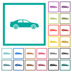 Car side view solid flat color icons with quadrant frames