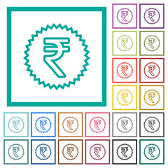 Indian Rupee sticker outline flat color icons with quadrant frames