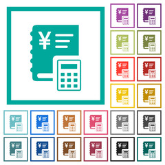 Japanese Yen ledger flat color icons with quadrant frames