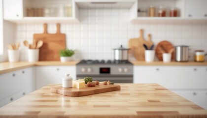 Fototapeta na wymiar Wooden Board Empty Table Top on White Kitchen, Modern New Light Interior of Kitchen With White Furniture and Dining Table Created With Generative Ai Technology