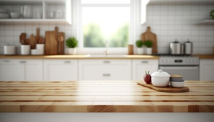 Fototapeta na wymiar Wooden Board Empty Table Top on White Kitchen, Modern White Kitchen Created With Generative Ai Technology