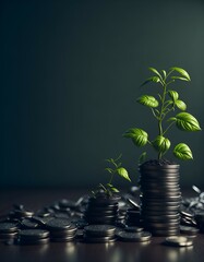 Green plants growing on coin, stacking coins with green bokeh background, Business Finance and Money concept, Save money for prepare in the future, green finance, green growth