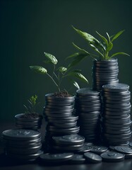 Green plants growing on coin, stacking coins with green bokeh background, Business Finance and Money concept, Save money for prepare in the future, green finance, green growth