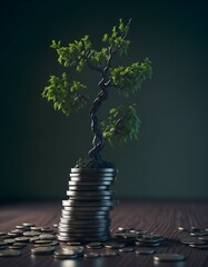 Trees growing on coin, stacking coins with green bokeh background, Business Finance and Money concept, Save money for prepare in the future, green finance, green growth, esg