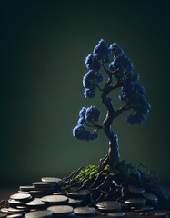Blue tree growing on coin, stacking coins with green bokeh background, Business Finance and Money concept, Save money for prepare in the future, green finance, green growth, esg