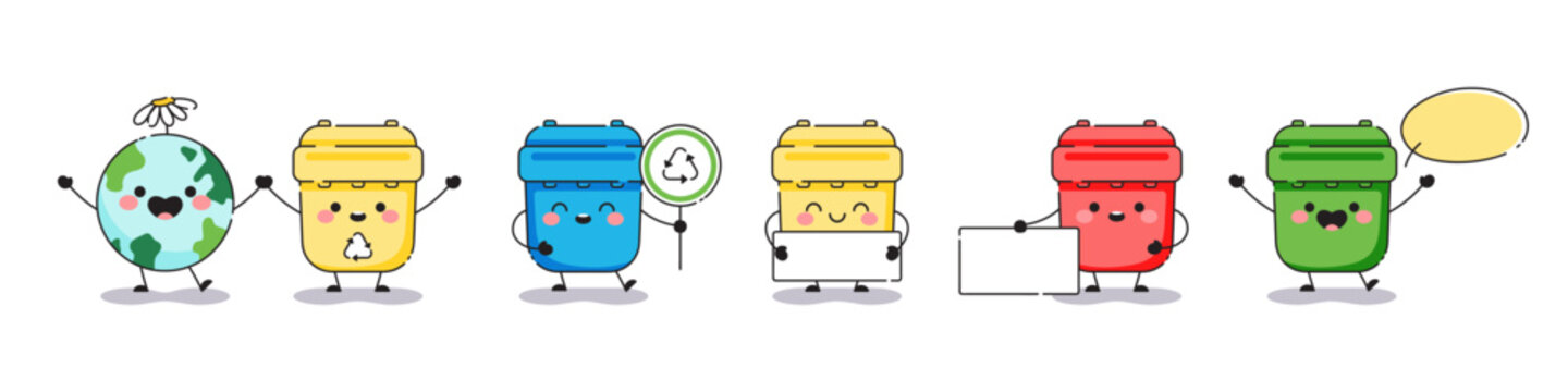 Waste recycling mascot set. Cute waste and garbage bins with text banners for labels, stickers, illustrations. Vector happy recycling garbage containers, dustbins and cans.