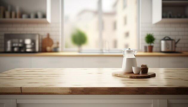 Wooden Board Empty Table Top on White Kitchen, Beautiful Kitchen in New Luxury Home Created With Generative Ai Technology
