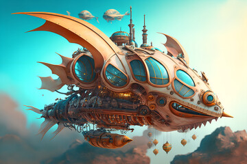 Obraz na płótnie Canvas Concept of a large flying machine sailing in the sea in steampunk style generated by AI, digital art.
