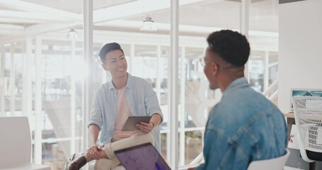 Business meeting, diversity man and digital marketing in office b2b communication for startup brainstorming, ideas and planning strategy. Tech people, graphic designer team and onboarding interview - Powered by Adobe