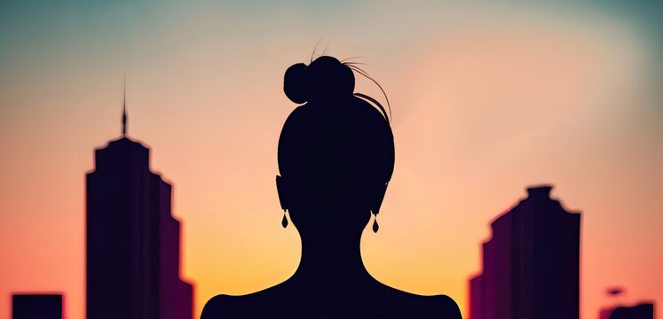 Sad and lonely teenager, Alone young lady standing looking at big summer sun after sunset, Lonely Girl in a City, A Lone Figure in the City, A Girl's Back with a View of the Cityscape, Generative AI