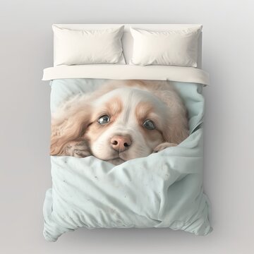 Adorable Puppy Cuddled in Human Bed AI generative