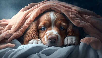 Adorable Puppy Cuddled in Human Bed AI generative