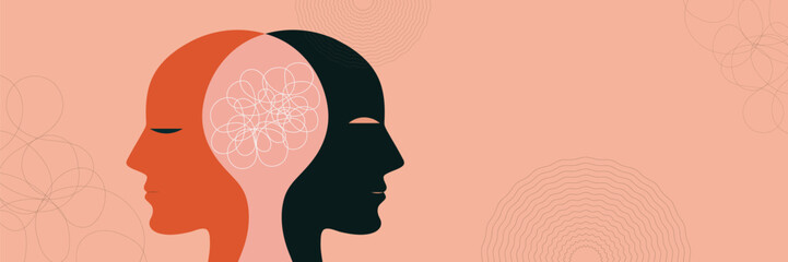 Metaphor bipolar disorder, Double face, Split personality, Parkinson, Psychology, Dual personality Mental health concept, Web banner, Copy space.