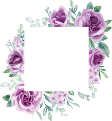 Fototapeta na wymiar Rose Purple Watercolor flower frame. lilac flower elements, botanical background or wallpaper design, prints and invitations, and postcards.